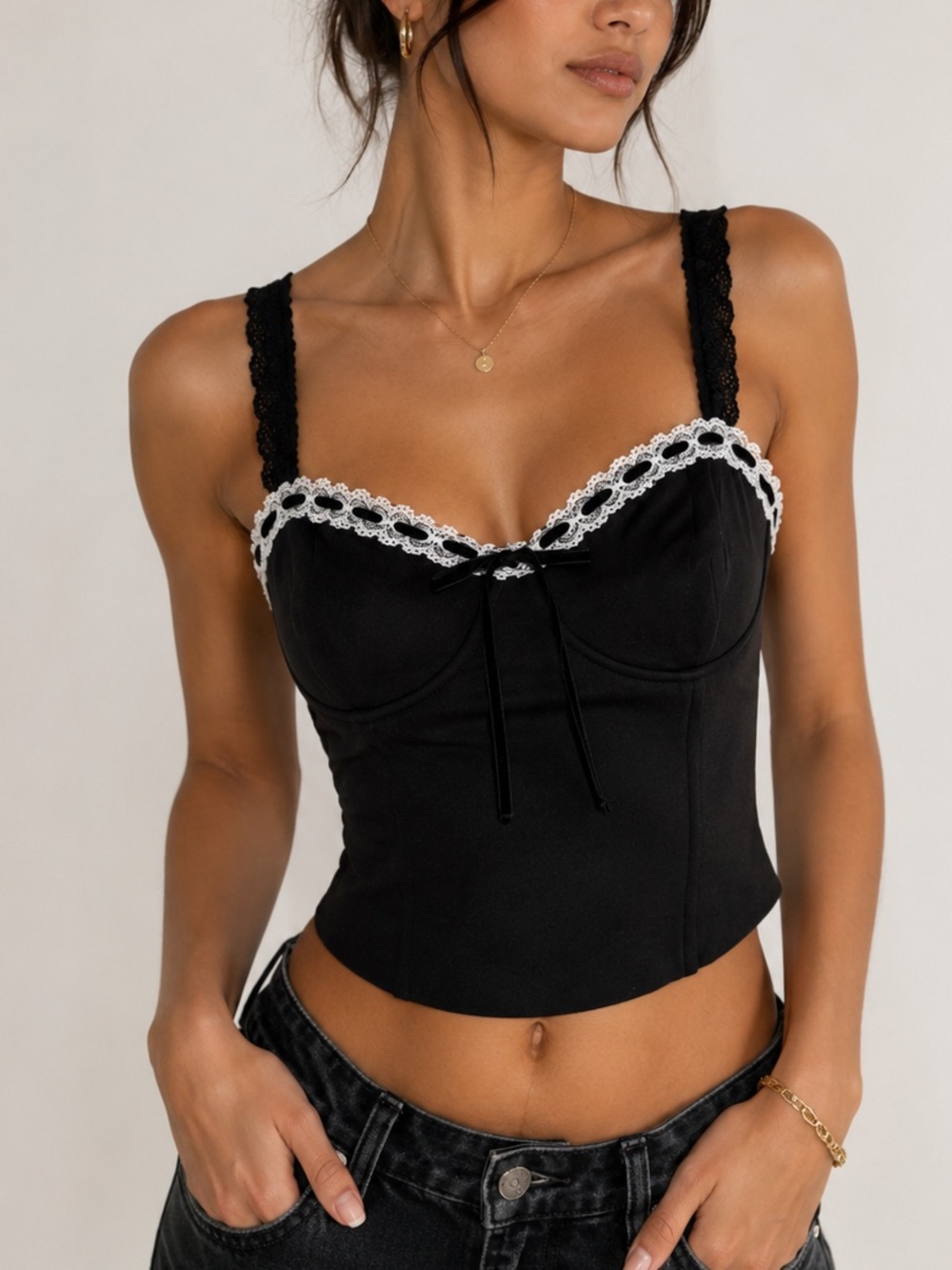 Black Ribbon Lace Corset Top – Size M